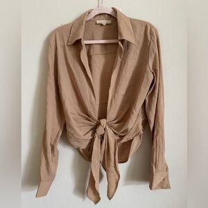 Meshki tan beige tie front blouse top size L